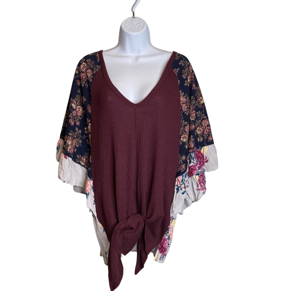 Hummingbird Women's Floral Patchwork Waffle Knit Tie Front Top Size 2XL‎ Boho